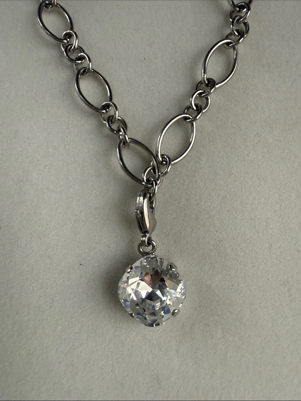 Sabika Silver Oval Link Necklace with Clear Crystal Drop